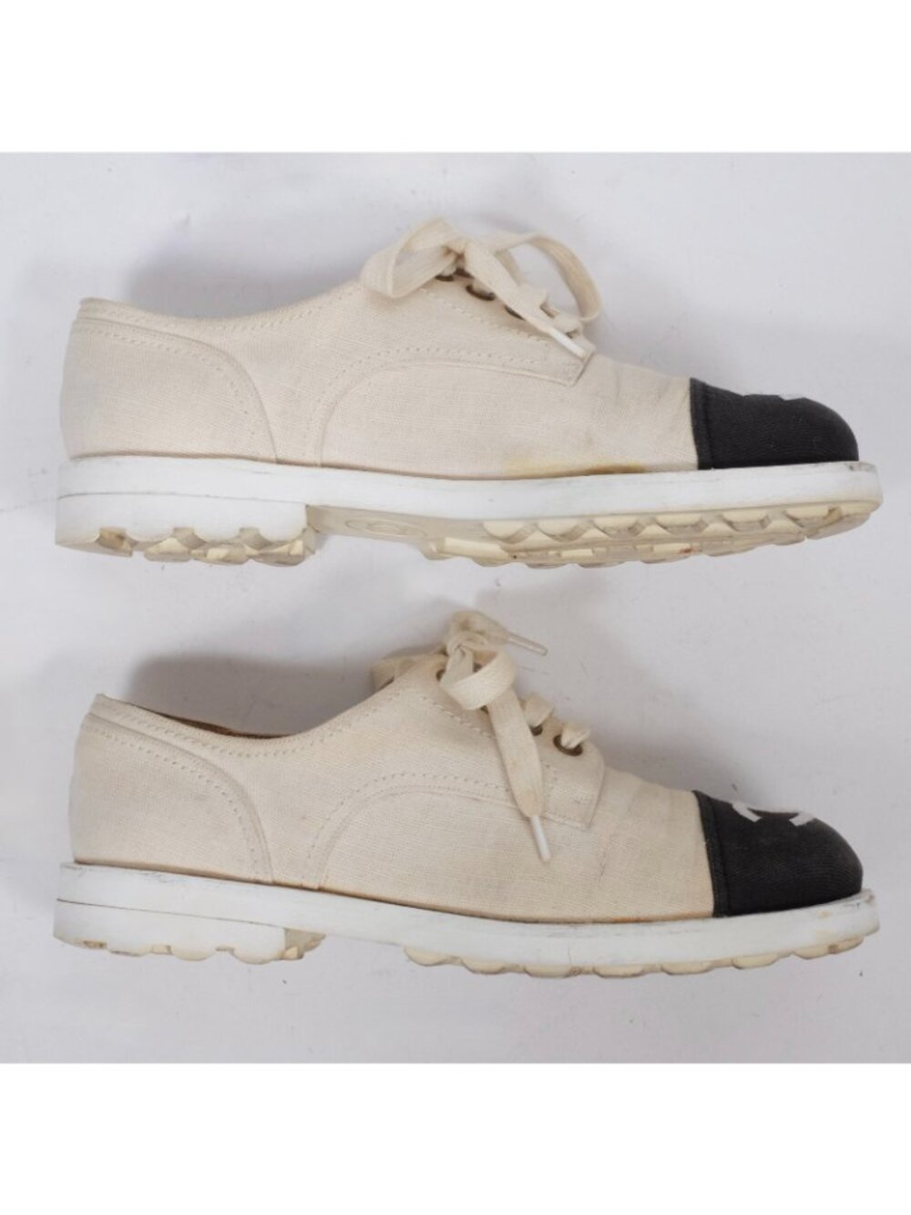 CHANEL shoes 38 US 8 lace up canvas CC logo toecap cream black - Picture 6 of 10